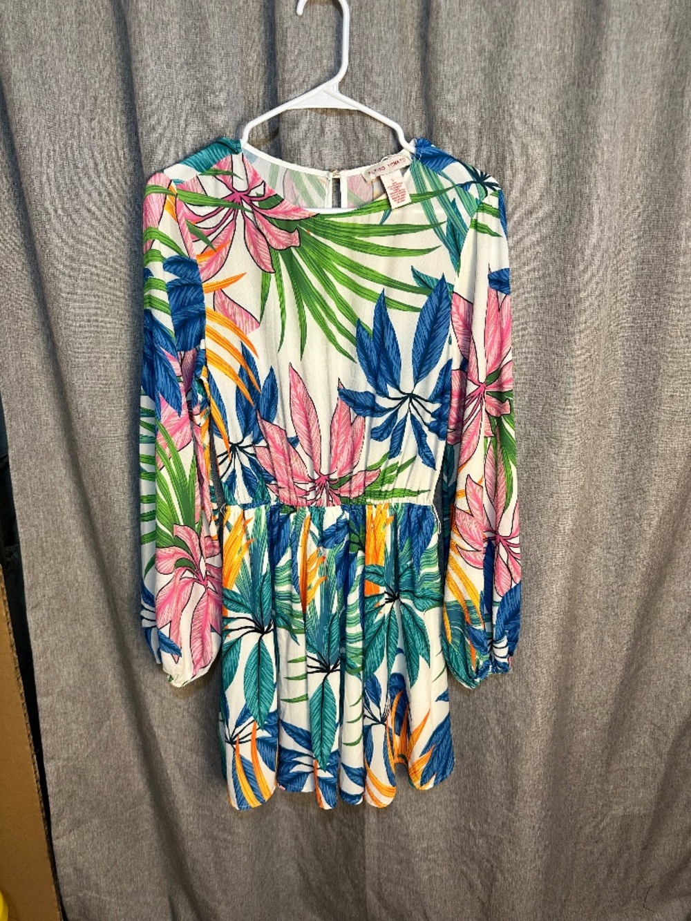 Flying Tomato Tropical Floral Long Sleeve Mini Dress White Pink Blue - Small